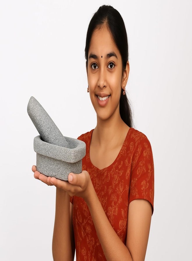 EZAHK Kalvam Stoneware Mortar and Pestle Set,Masher, Khalbatta, Kharal, Musal,for Kitchen, Home, Herbs and Spices (6 inch Grey,Small Size) - Image 2